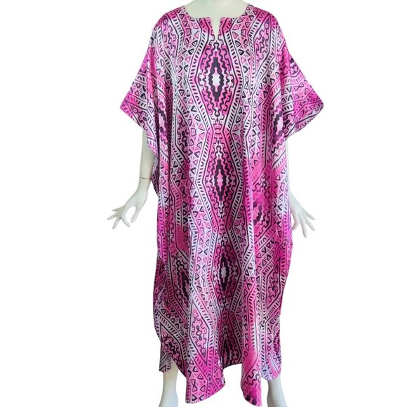 WINLAR Minka Pink Goddess Bohemian Geometric Tribal Print Kaftan Caftan OSFM - Picture 1 of 6